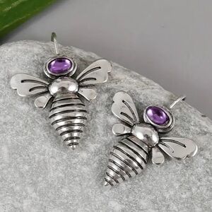 925 Sterling Silver Plated Purple Synthetic Gemstone Bee Earrings